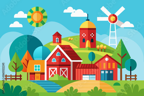 Charming cartoon farm landscape illustration with windmill, barns, and sun, perfect for children's books or educational materials about country life