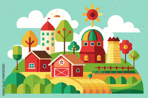 Whimsical cartoon farm landscape with colorful buildings, trees, and fields, perfect for children's books or educational materials about rural life and agriculture