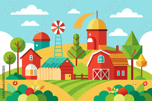 Charming cartoon farm scene evokes idyllic rural life and agricultural abundance, perfect for children's books or educational materials about farming