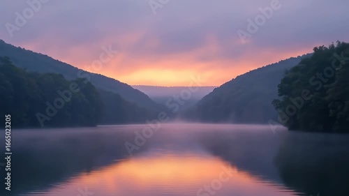 Wallpaper Mural Calm lake at dawn, forested hills, and pink-orange sky reflected on water Torontodigital.ca