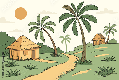 Tropical escape with thatched huts and swaying palms, a sun-kissed paradise illustration perfect for travel, relaxation, and vacation themes