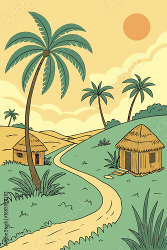 Tropical getaway escape with palm trees and thatched huts, a perfect vacation destination, vector illustration, calming and serene, idyllic, travel and tourism