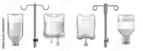 Realistic dropper. Health care package. Medical bottle mockup. Cure transfusion. Hospital intravenous injection. Medicine or pharmacy packaging. Glass tube holder. Vector objects set