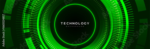 Technology background with futuristic digital style glowing green circle lights design. Presentation, banner, cover, modern project, innovation and hi-tech concept