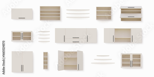 Cabinet furniture. White kitchen front drawer. Modern cupboard open doors. Glass or wooden shelves. Closet at wall. Apartment furnishing. Home storage rack. Vector realistic objects set