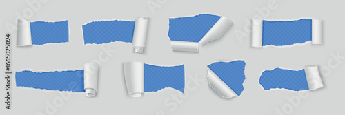 Paper tear. Rip torn reveal effect. Open page edge or white border roll cut. Scratch tag with hole. Curl texture. Transparent background. Newspaper scroll mockup. Vector 3D elements set