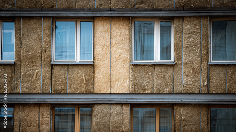 Fototapeta premium Façade insulation adds materials like mineral wool to exterior walls, improving energy efficiency, reducing heat loss, protecting the building, and enhancing appearance.