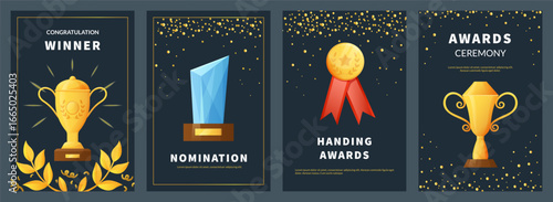 Congratulation winner poster. Nomination in tournament and championship. Awards ceremony, leader achievement prize, sport and business card design. Vector cartoon isolated illustration set