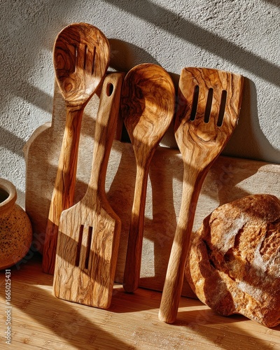 A collection of rustic wooden kitchen utensils, including spoons and spatulas, arranged for display with warm lighting