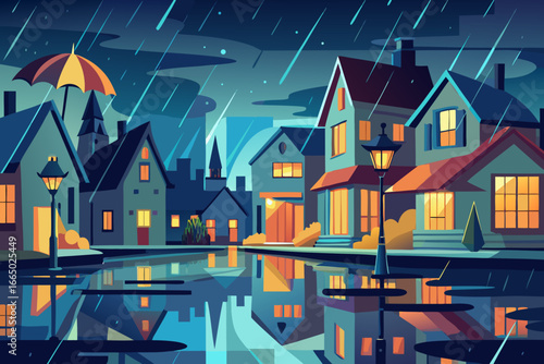 Charming town in a rainy night scene, reflections of lights in puddles, cozy evening mood, calm cityscape, umbrella protection, warm light from houses