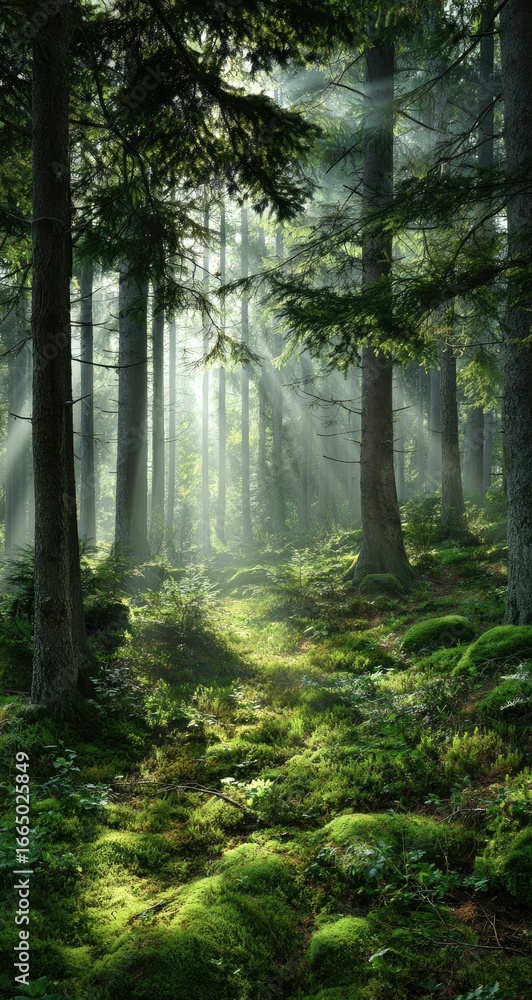 Fototapeta premium Sunbeams pierce a misty, moss-covered forest path, illuminating tall, slender trees and a lush green undergrowth