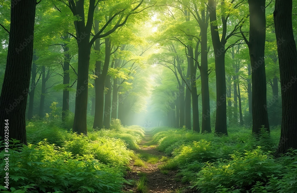 Obraz premium Rich green forest path bathed in sunlight. Tall trees with vibrant spring foliage line trail. Undergrowth thrives along sides. Sunbeams filter through canopy, creating serene, inviting natural scene.