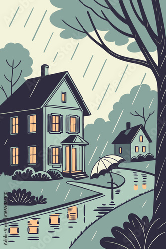 Cozy home in the rain, umbrella protection, serene mood, peaceful neighborhood, houses with glowing windows, reflections in puddles, comforting vibe