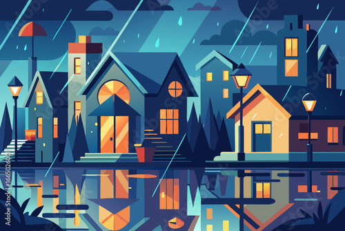 Cozy neighborhood houses reflecting warmly in the rain, inviting and peaceful urban scene, calming rainy night in town, perfect for storybooks