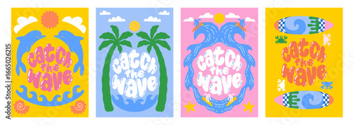 Beach posters. Palm tree. Sea wave. Summer surf graphic. Retro tropical nature. Ocean groovy vacation. Sun and clouds. Marine dolphin. Doodle surfboard. Seashore travel. Vector cards set
