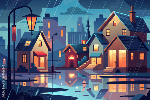 Charming neighborhood houses glow warmly on a rainy evening, inviting and cozy, with reflections shimmering in puddles, a calm residential scene