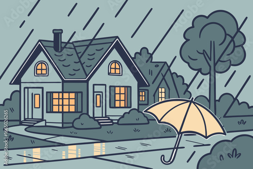 Cozy home in gentle rain, stylish umbrella near puddle, a tranquil neighborhood scene with soft warm indoor lighting, serenity in the suburbs