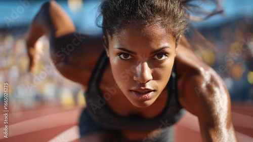Closeup portrait of a determined female athlete at the starting line, focused and ready to race
