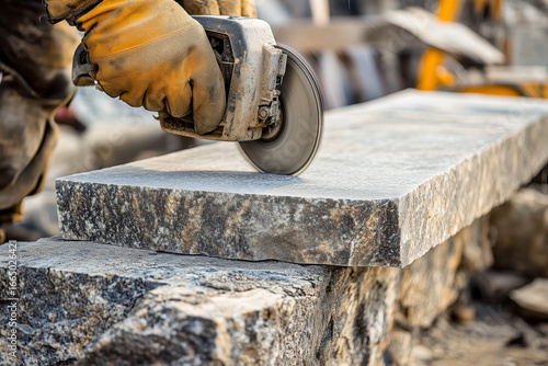 Stonemason cutting a large slab of stone using a saw, with precision and concentration