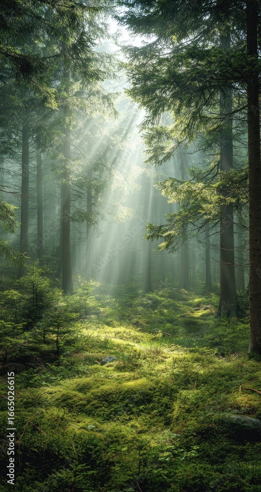 Fototapeta premium Sunbeams pierce a misty, verdant forest, illuminating a mossy forest floor. Tall evergreens frame the scene, creating a mystical atmosphere