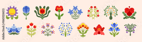 Flower icons. Cute doodle leaf, floral plant leaves or daisy branch, wildflower botanical card drawing. Summer season ornament. Logo element. Abstract botany. Vector flat isolated set