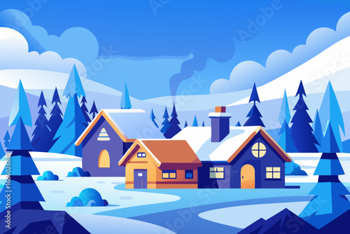 Charming winter scene featuring cozy snow-covered houses nestled amongst frosted trees, offering a warm escape, perfect for holiday greetings and designs