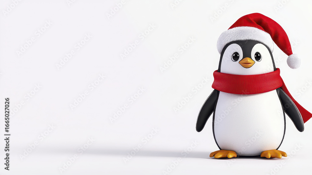 Fototapeta premium Cute cartoon penguin wearing Santa hat and red scarf, ready for Christmas celebrations, spreading joy and cheer