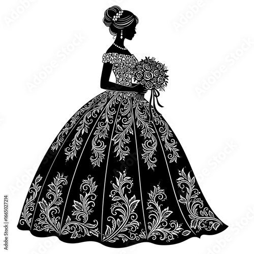 Elegant victorian era woman in ornate ball gown holding a large bouquet of flowers isolated on white background