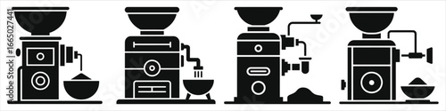 Set of Grain and Flour Milling Machine Silhouettes – Vector Icons of Agricultural Grinding Equipment for Wheat, Corn, Rice, and Cereal Processing Isolated on White Background for Farming and Industry