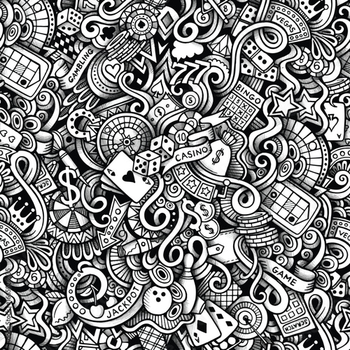 Doodle art pattern of casino and gambling elements poker cards