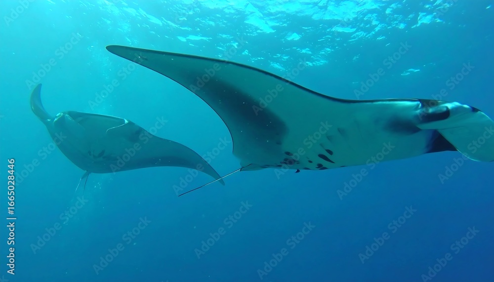 Naklejka premium Two majestic manta rays gracefully glide through the vibrant, deep blue ocean.