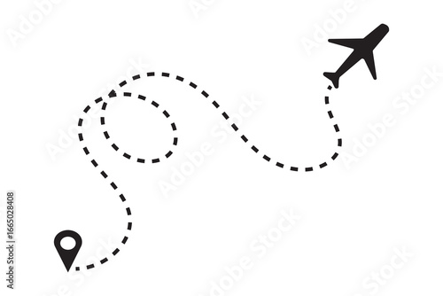 Airplane dotted route line icon isolated on white background. Flight route with start point and dash line trace for plane. Aircraft tracking way in black color. Vector illustration. 
