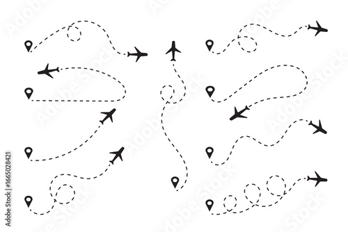 Airplane dotted route line set isolated on white background. plane flying path. Aircraft tracking way in black color. destination on the map. Vector illustration. 