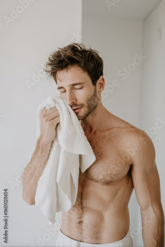 calm man wipes his face with towel exhaling deeply eyes closed relaxing after refreshing shower