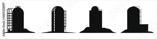 Set of Farm Silo Silhouettes Isolated on White Background – Vector Illustration of Agricultural Storage Buildings for Grain, Corn, and Silage in Rural Farming and Food Production Industry Design