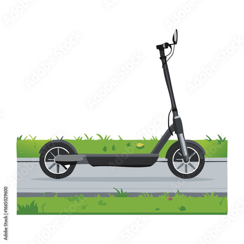  A digital illustration of a grey electric scooter on a paved road, symbolizing convenient, eco-conscious transportation for city dwellers