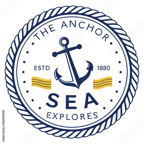 Nautical emblem with anchor and rope border featuring text The Anchor Sea Explores vector