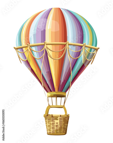 An artistic illustration of a colorful striped hot air balloon, symbolizing adventure, freedom, and the joy of soaring above the clouds
