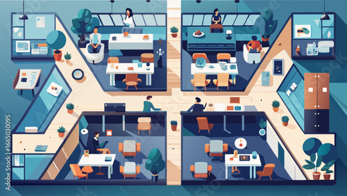 Overhead view of a modern office space with employees