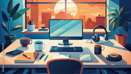 A workstation with a computer and city view at sunset