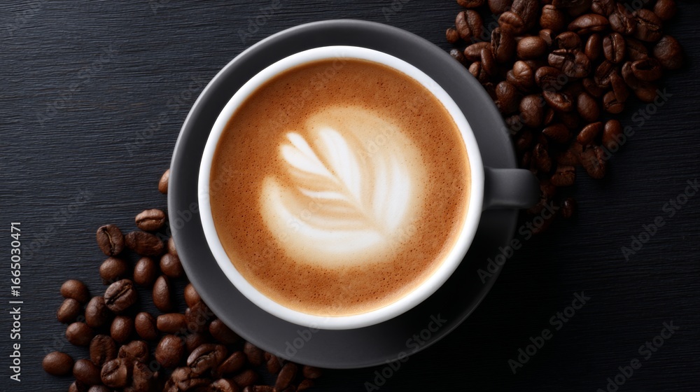 Obraz premium A beautifully crafted latte in a black cup sits on a dark surface. Coffee beans surround the drink. This image captures the essence of coffee culture. Perfect for cafes and food blogs. AI