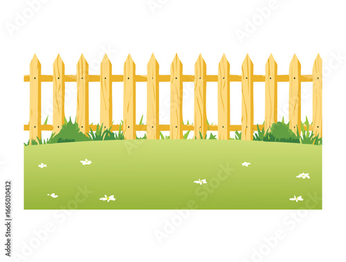 A cute and simple digital illustration of a rustic wooden picket fence on a grassy lawn with a variety of colorful flowers, perfect for a country or spring-themed graphic