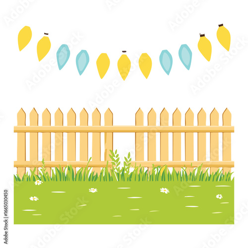  A cheerful digital illustration of a wooden picket fence on a grassy lawn, with a festive garland of large, colorful lights with long cords, ideal for a celebration or holiday graphic