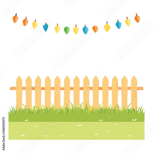 A simple and charming digital illustration of a wooden picket fence on a grassy lawn, with a festive string of small, decorative lights hanging above, perfect for a spring party or event