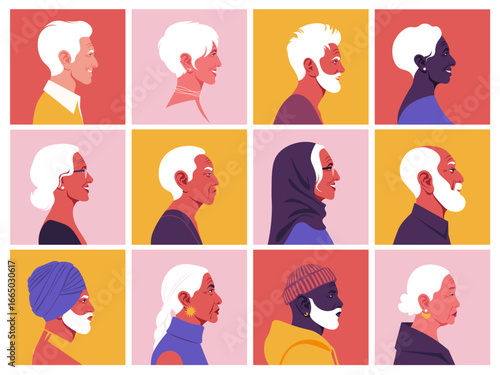 A set of elderly people’s faces in profile. Different races and nations. Diversity. Side view. Society and population. Vector flat Illustration
