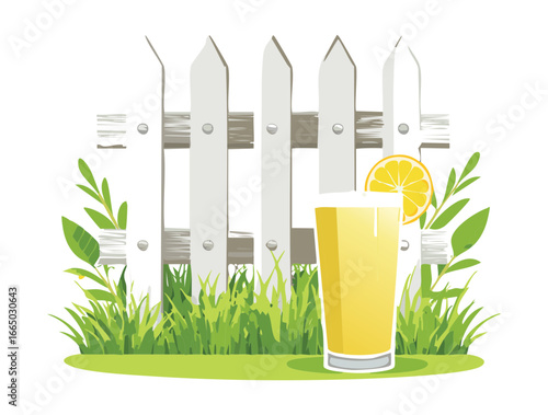 A cute digital illustration of a tall glass of fresh lemonade with a lemon slice and straw, placed next to a white wooden picket fence with green leaves, perfect for a summer graphic