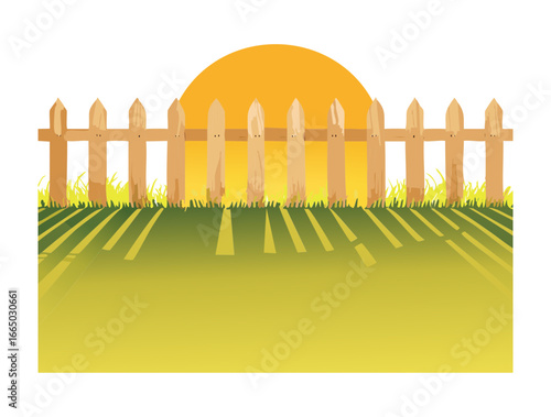 A stunning digital illustration of a rustic wooden picket fence in a bright golden sunset or sunrise, with a solid, vibrant background, for a warm and elegant outdoor scene