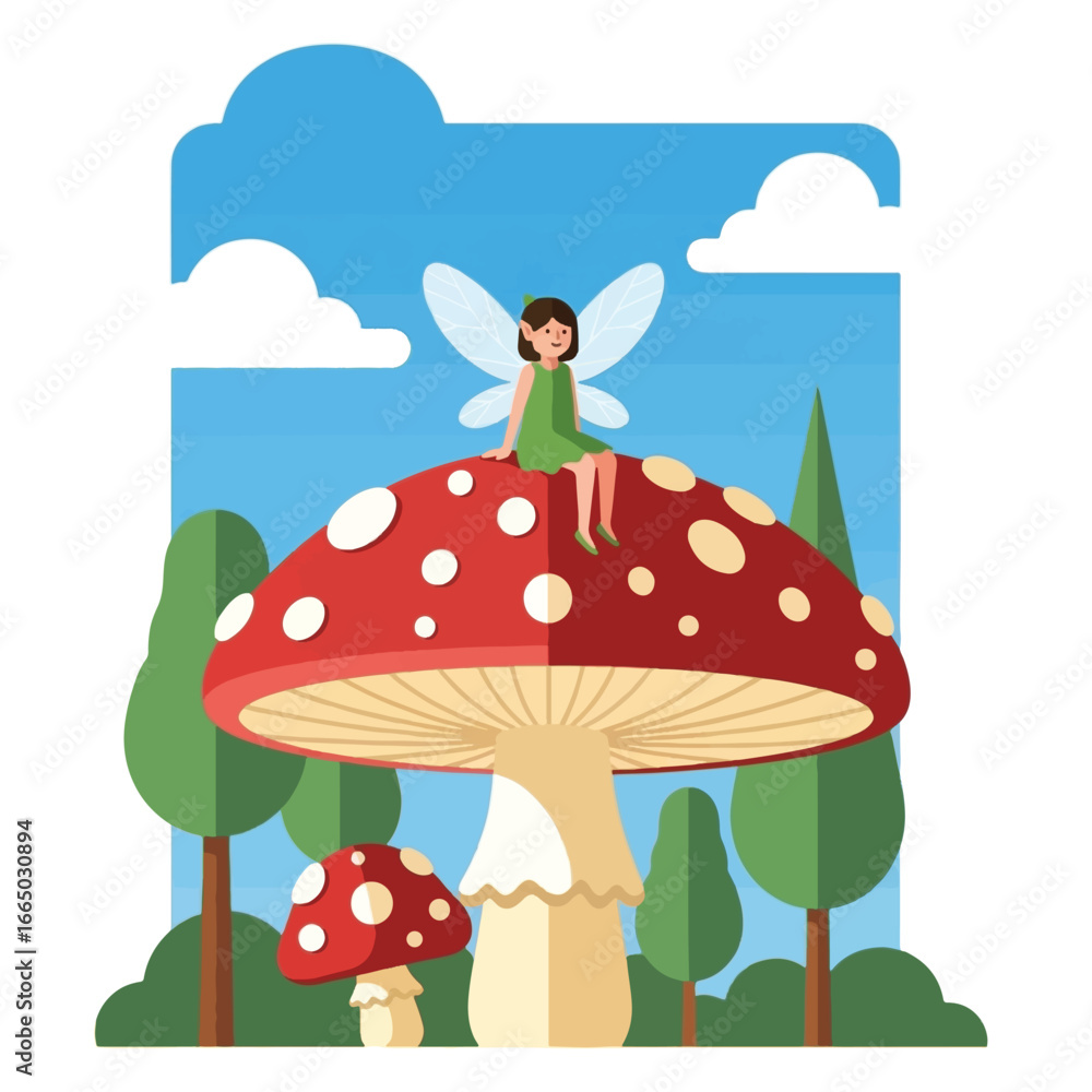 Fototapeta premium A whimsical illustration of a fairy with delicate wings sitting atop a large red and white spotted mushroom in a lush forest setting.