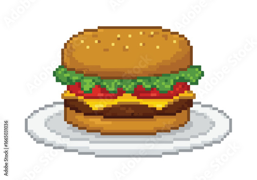 8-bit hamburger on plate, isolated, use in a video game or retro-themed menu