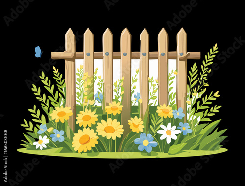 A wooden picket fence surrounded by a beautiful field of sunflowers and various other wildflowers
